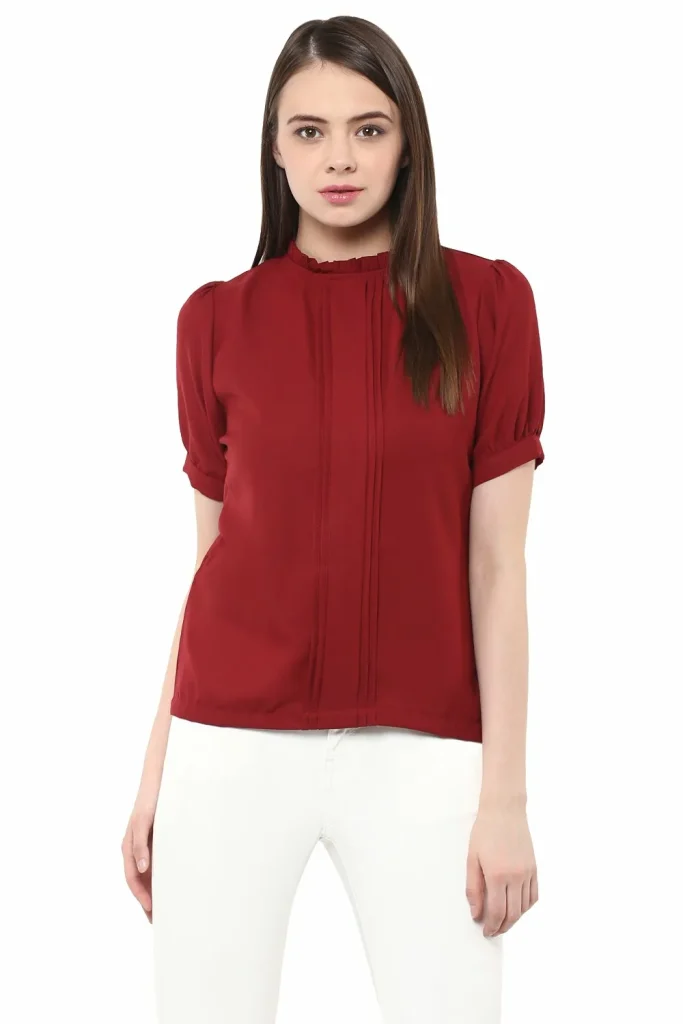 Miss Chase Women's Maroon High Neck Pleated Top