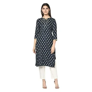 ERISHA Women’s Rayon Printed Kurta Pant Set (Nevy Blue & white_Medium )