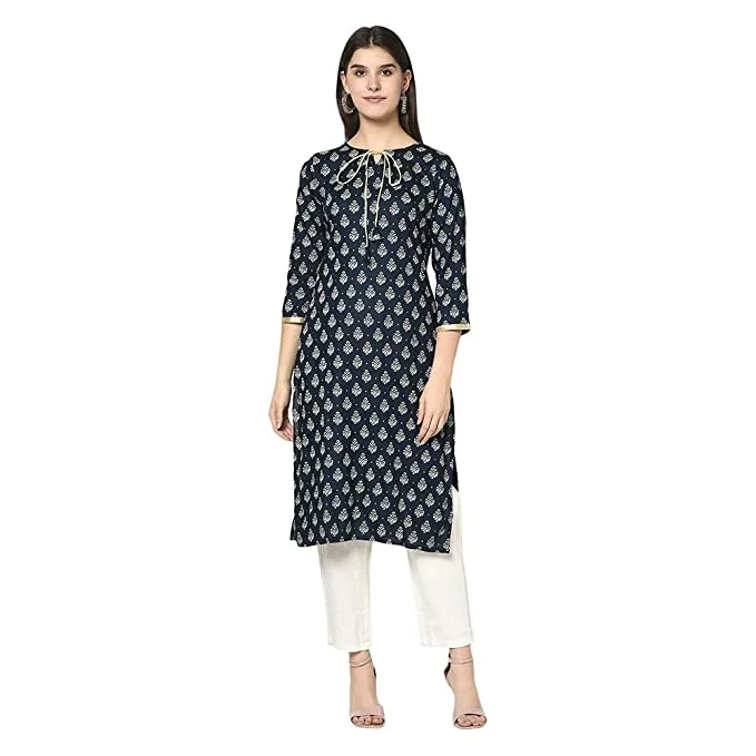 ERISHA Women's Rayon Printed Kurta Pant Set (Nevy Blue & white_Medium )