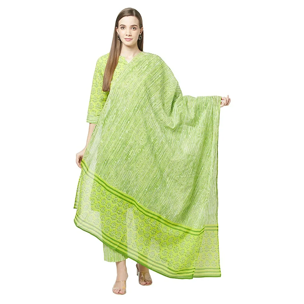 ERISHA Women's Pure Cotton Printed Kurta with pant Set with Dupatta(Green_Medium)