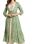 Rangmayee Women Green-Beige Embroidered & Foil Printed Double Layered A-Line Kurta(Green_Medium)