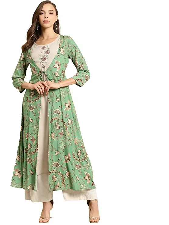 Rangmayee Women Green-Beige Embroidered & Foil Printed Double Layered A-Line Kurta(Green_Medium)