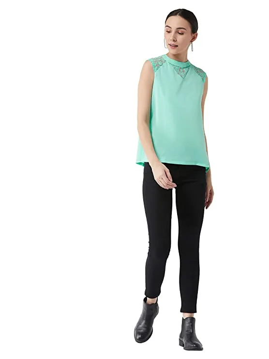 Miss Chase Women's Sea Green Round Neck Sleeveless Basic Lace Top_(Medium)