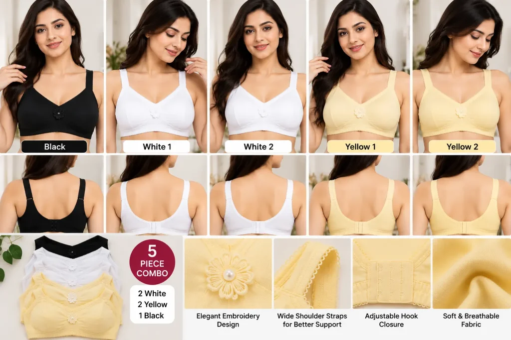 Arise Beauty Women's Comfort Bra 5 Piece Combo – 2 White, 2 Skin Yellow & 1 Black-32/80