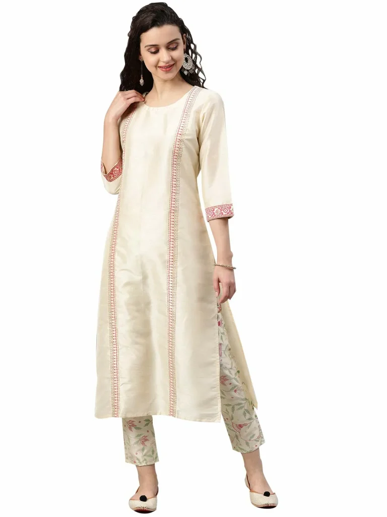 ZIYAA Women Cream-Coloured Printed Kurta with Trousers