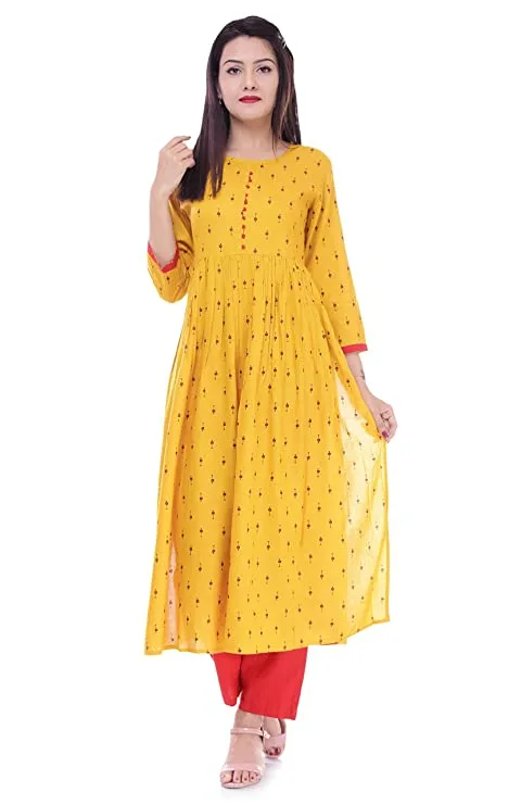 Erisha Women's Rayon Printed Kurta with Palazzo Pant Set(Yellow_Small)