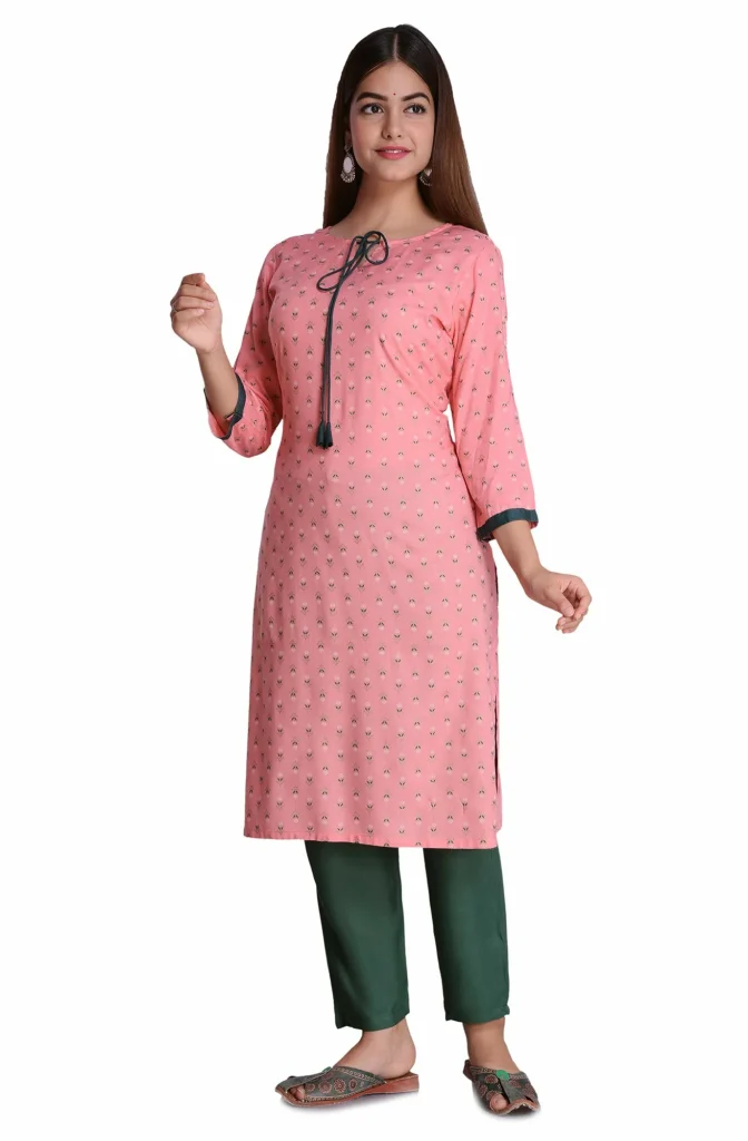 ERISHA Women's Rayon Printed Kurta Pant Set(Pink & Green_Medium)