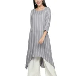 Fabclub Women Rayon Striped Asymmetric Flared Kurti With Palazzo (Grey)