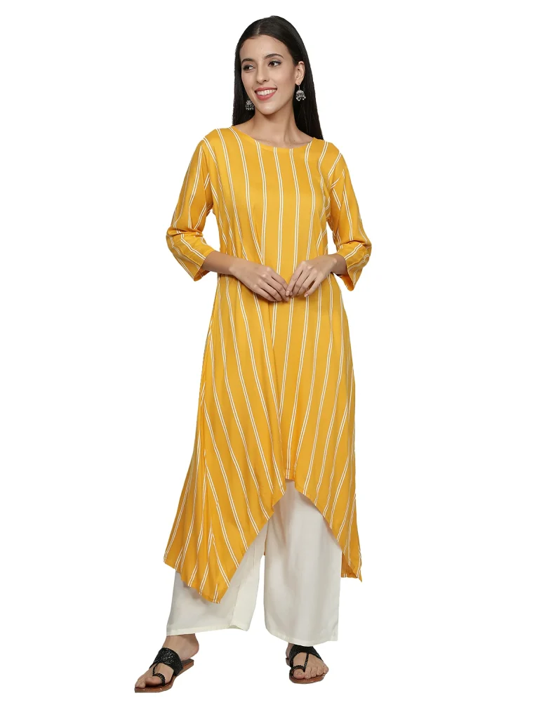 Fabclub Women Rayon Striped Asymmetric Flared Kurti With Palazzo (Mustard Yellow)