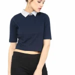 Miss Chase Women's Navy Blue and Grey Collar Neck Half Sleeves Solid Boxy Crop Top