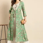 Rangmayee Women Green-Beige Embroidered & Foil Printed Double Layered A-Line Kurta(Green_Medium)