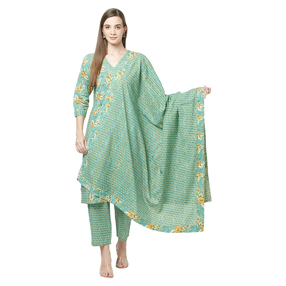 ERISHA Women's Pure Cotton Printed Kurta with palazzo and Dupatta(Aqua Green Printed_Small)