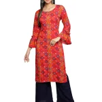 Fabclub Women's Rayon Slub Ethnic Printed Kurta With Palazzo (Pink_Medium)