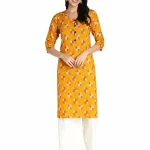 Fabclub Women Rayon Printed Straight Kurti With Palazzo (Mustard Yellow_Medium)