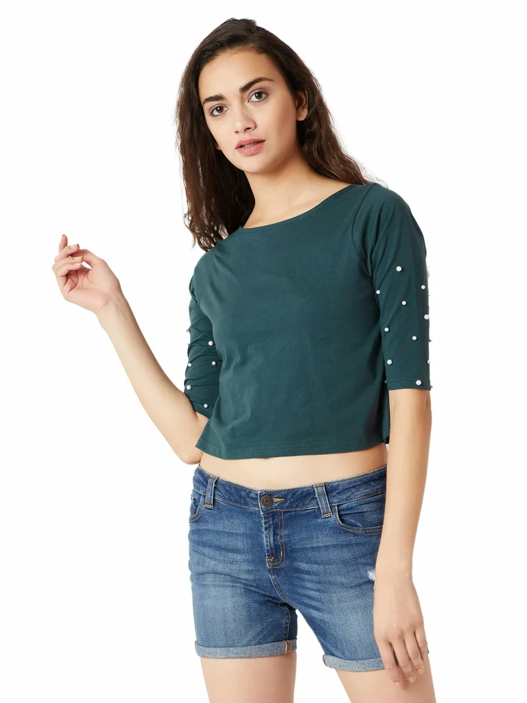 Miss Chase Women's Green Pearl Crop Top_Small