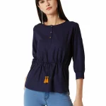 Miss Chase Women's Fusion Wear Navy Blue Waist Tie-Up Asymmetric Top
