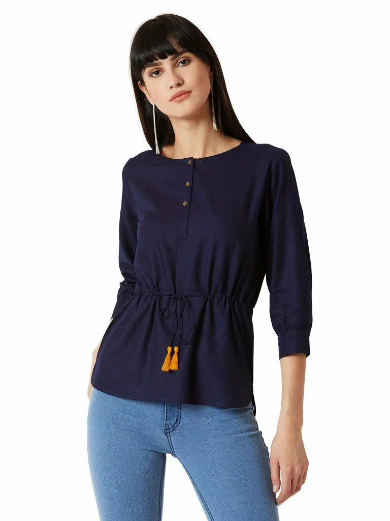 Miss Chase Women's Fusion Wear Navy Blue Waist Tie-Up Asymmetric Top