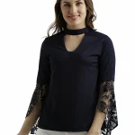 Miss Chase Women's Navy Blue Round Neck 3/4 Sleeves Solid Lace Semi Sheer Split Sleeve Choker Style Top