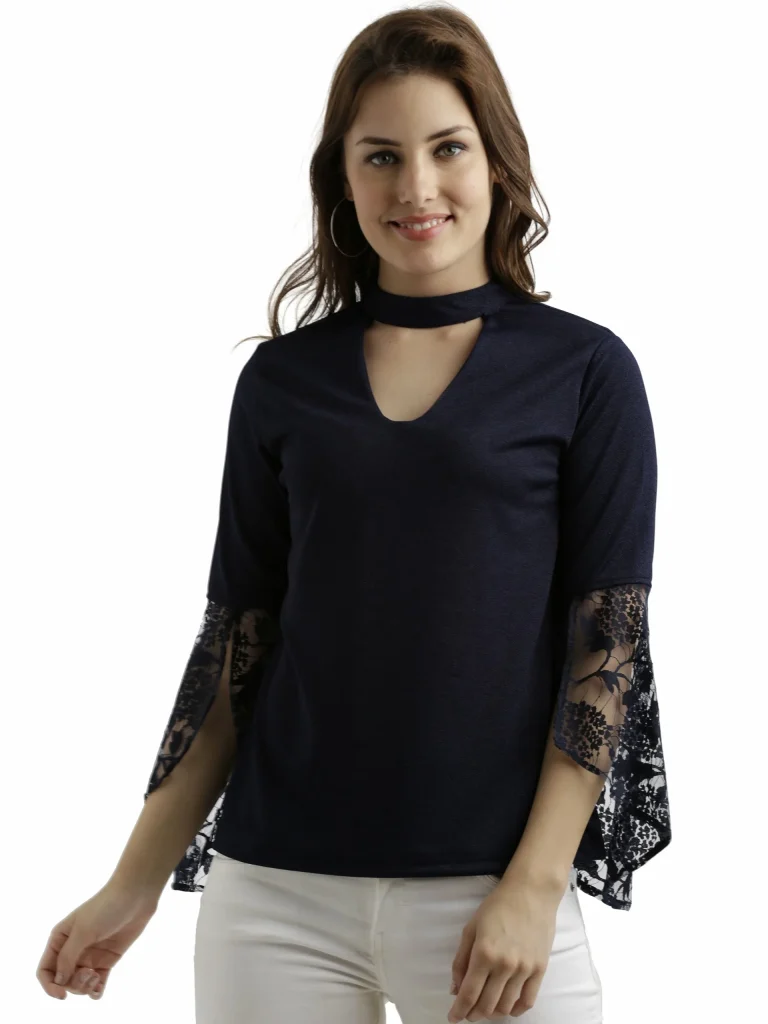 Miss Chase Women's Navy Blue Round Neck 3/4 Sleeves Solid Lace Semi Sheer Split Sleeve Choker Style Top