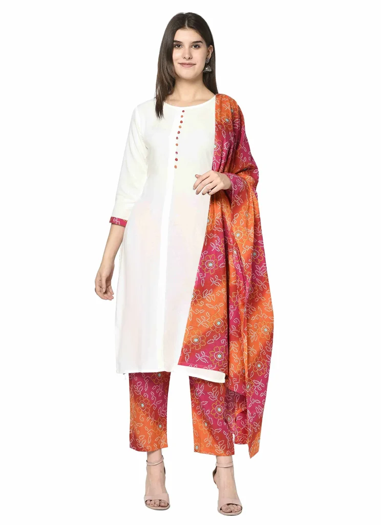 ERISHA Women's Rayon Straight Kurta Pant Set With Dupatta (ER30WbhndejKPD_Regular)