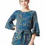 Miss Chase Women's Turquoise Floral Boat Neck 3/4 Ruffled Sleeve Long Tie-Up Top