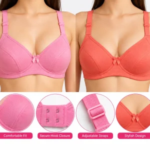 Arise Beauty -76 Women’s Bra Combo Pack of 2 – Pink & Coral, Size 30/75 cm