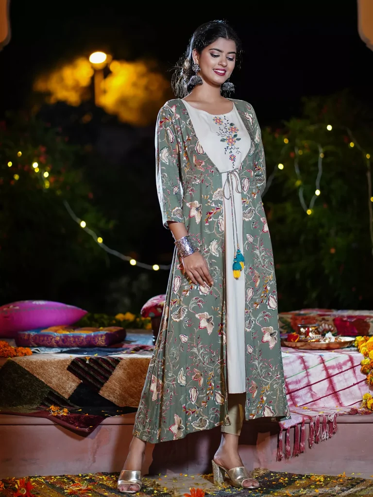 Rangmayee Rayon Embroidered Work Calf Length A-Line Kurti for Women (Dark Sea Green_Medium)