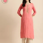 Rangmayee Women's Coral & Gold Foil Print & Zari Embroidery Straight Kurta (Coral_Small)