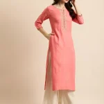 Rangmayee Women's Coral & Gold Foil Print & Zari Embroidery Straight Kurta (Coral_Small)