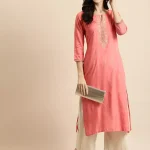 Rangmayee Women's Coral & Gold Foil Print & Zari Embroidery Straight Kurta (Coral_Small)