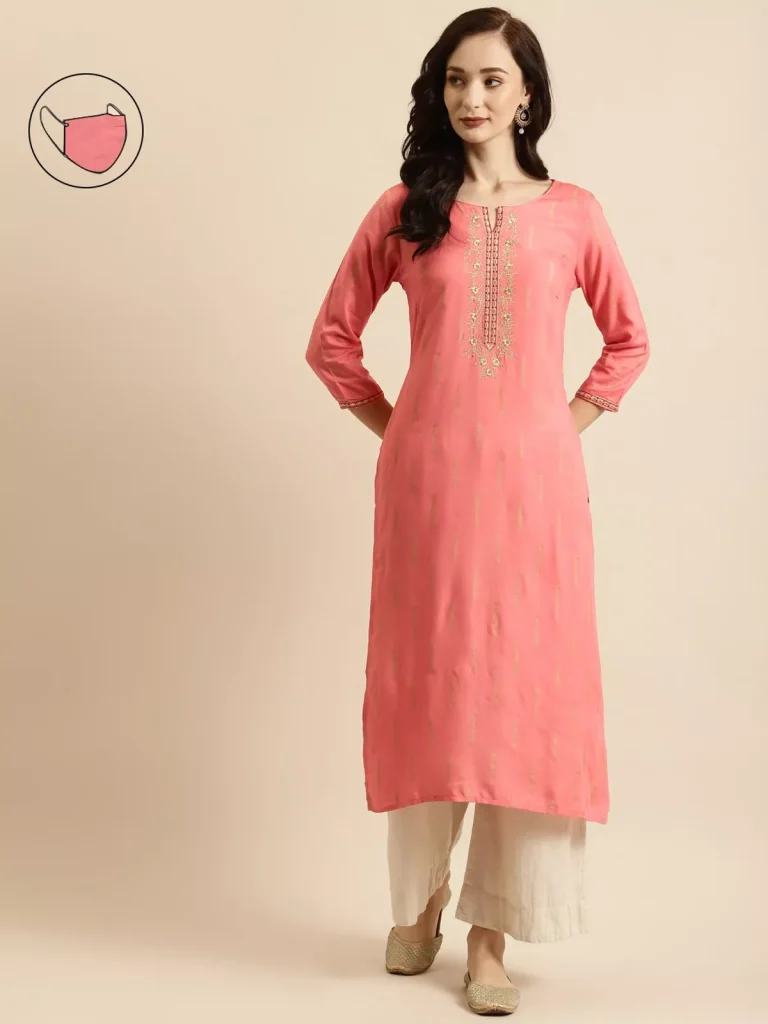 Rangmayee Women's Coral & Gold Foil Print & Zari Embroidery Straight Kurta (Coral_Small)
