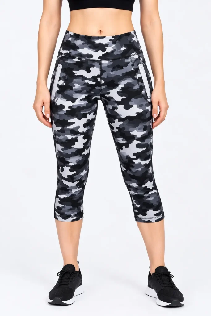 Women’s Camouflage Athleisure Capri Leggings with Zip Pockets