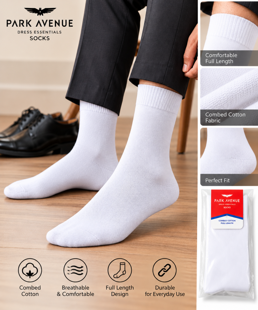 Park Avenue Men's White Full Length Combed Cotton Formal Socks pack of 3